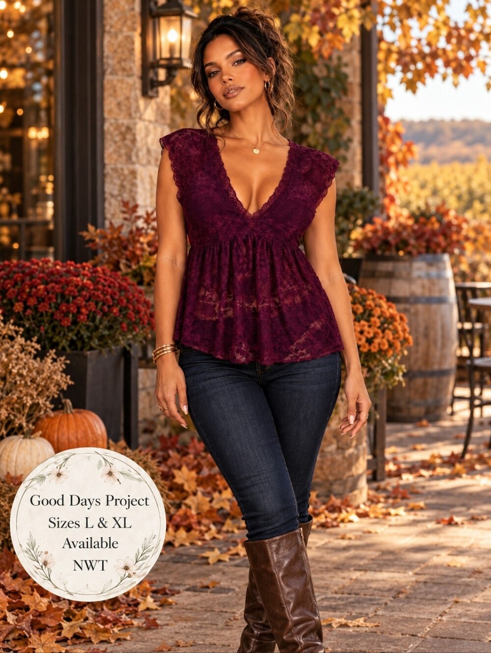 Good Days Project NWT Burgundy Lace Babydoll Top